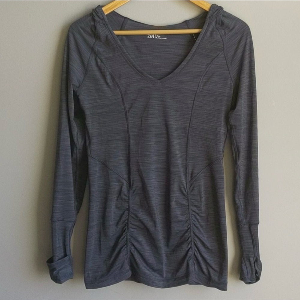 Zella Heathered Charcoal V-Neck Hooded Long-Sleeve Top